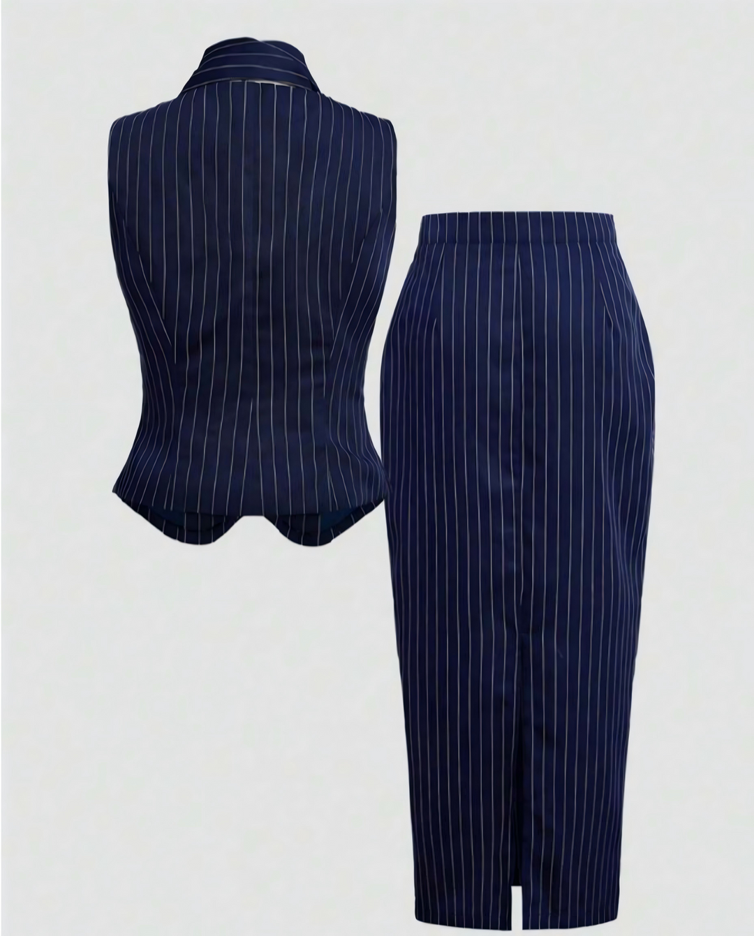 Navy White Pinstripe High Waist Pencil Midi Skirt