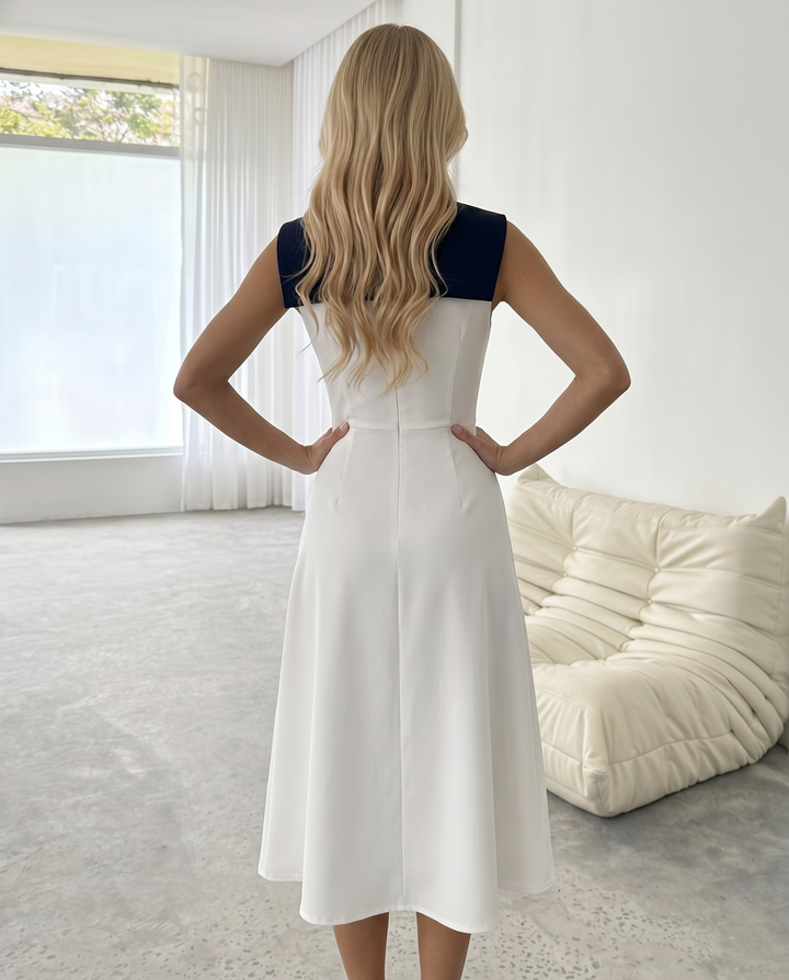 White Navy Contrast Sailor Collar Sleeveless Midi Dress