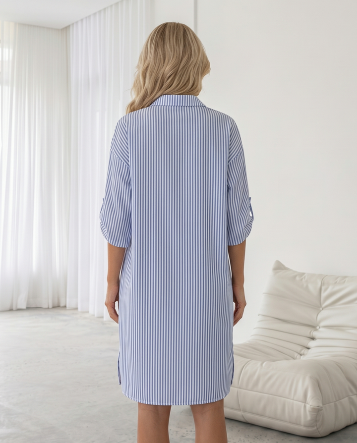 Blue White Vertical Stripe Oversized Shirt Mini Dress
