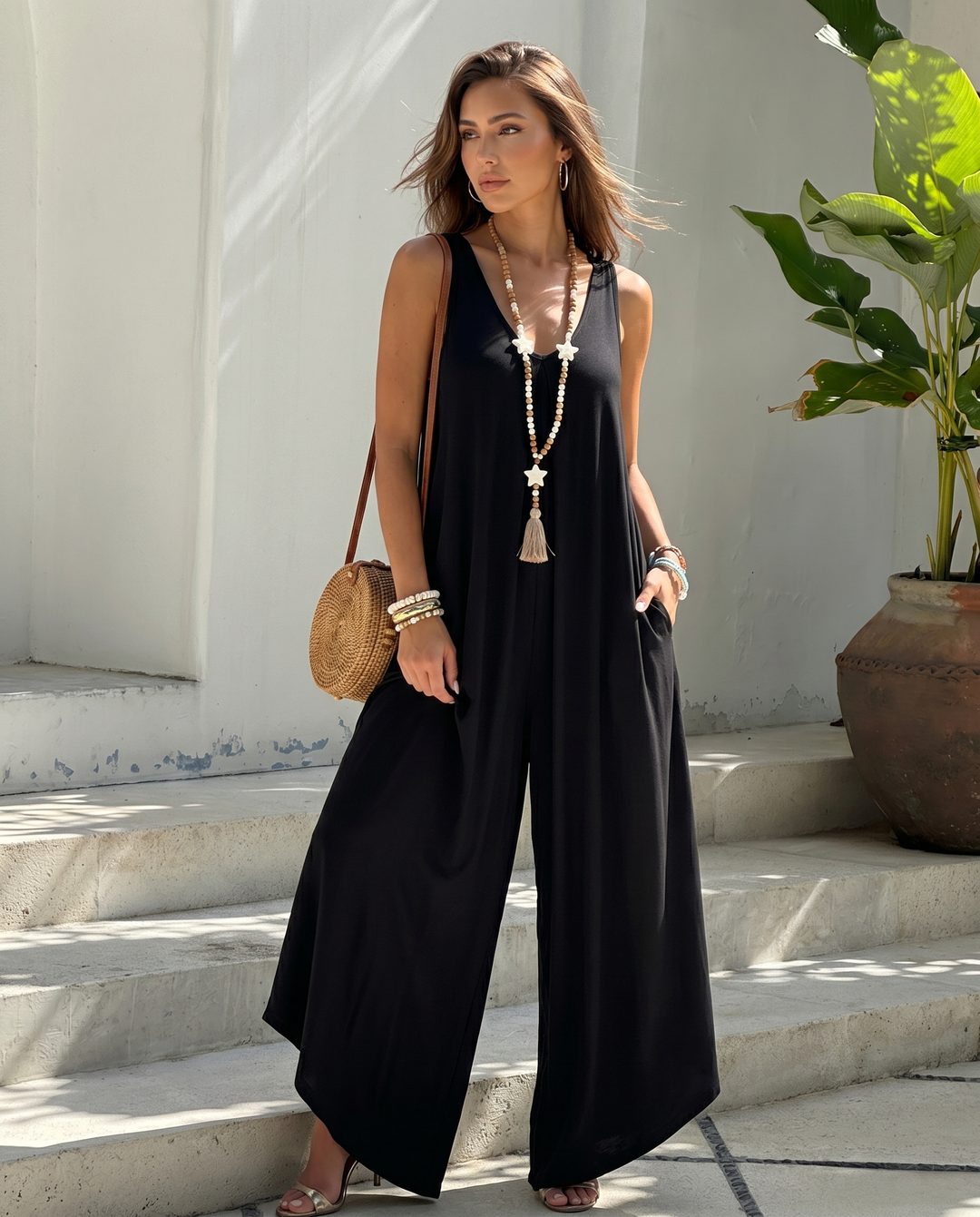 Black Sleeveless V Neck Loose Wide Leg Jumpsuit
