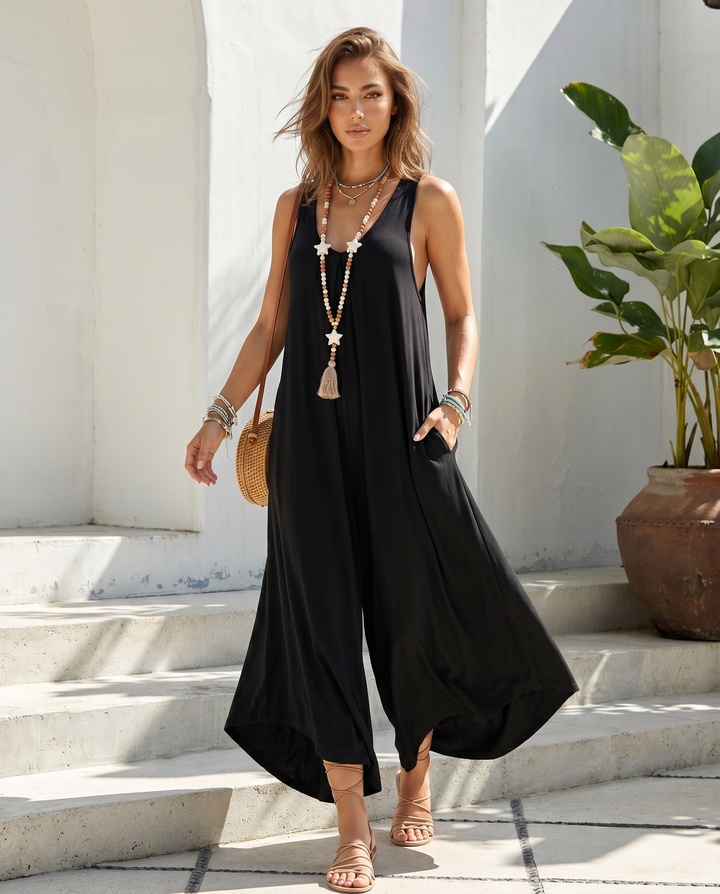 Black Sleeveless V Neck Loose Wide Leg Jumpsuit