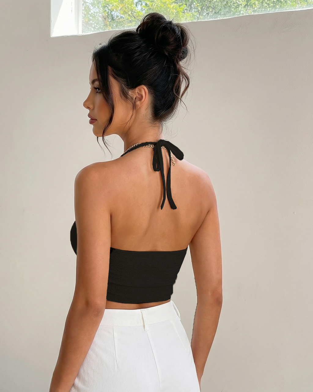 SOLACE  Beige Halter Neck Cowl Neck Tie Back Bandana Hem Crop Top 