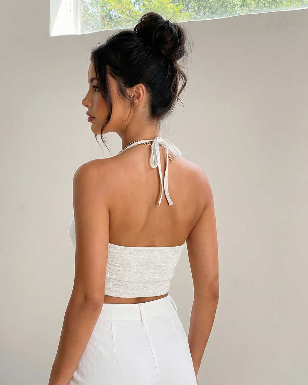 SOLACE  Beige Halter Neck Cowl Neck Tie Back Bandana Hem Crop Top 