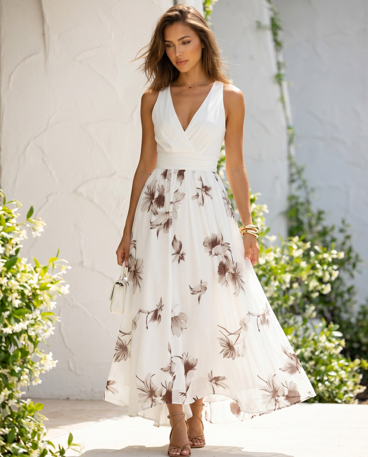 White Brown Floral Print Sleeveless V Neck Midi Dress