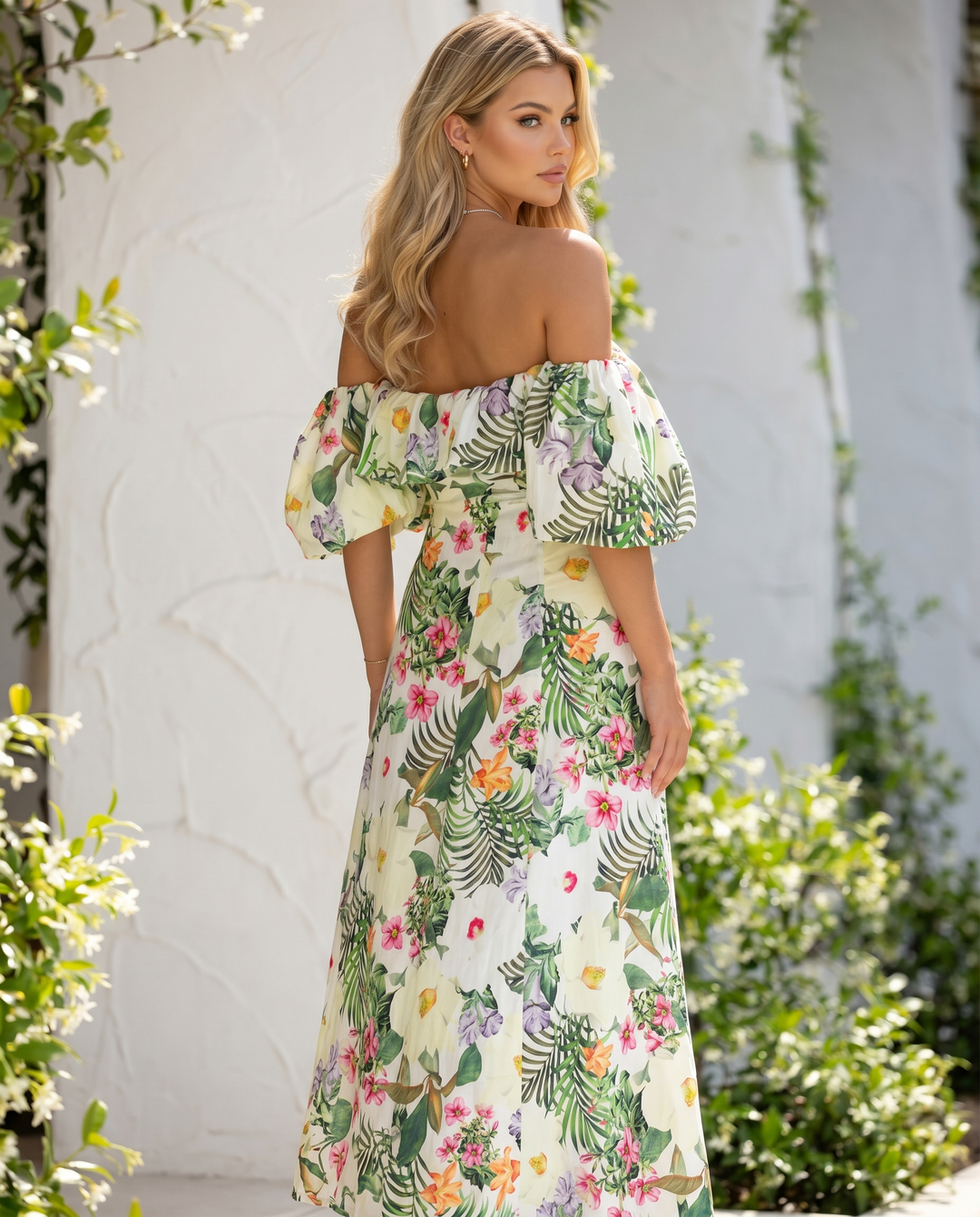 Multicolor Tropical Floral Print Off the Shoulder Maxi Dress
