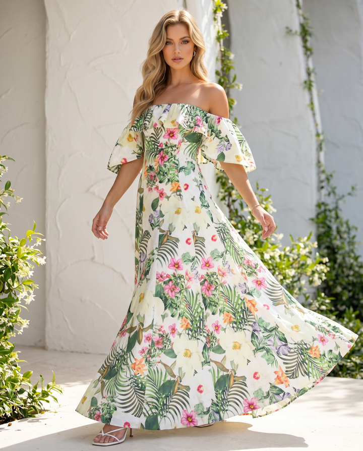 Multicolor Tropical Floral Print Off the Shoulder Maxi Dress