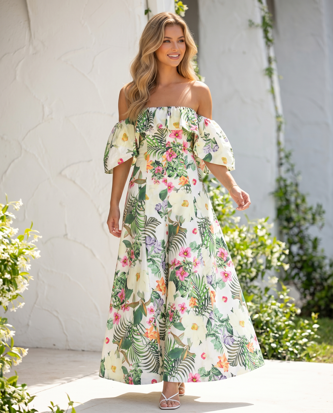 Multicolor Tropical Floral Print Off the Shoulder Maxi Dress