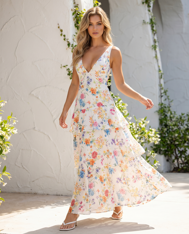 White Multicolor Floral Print Tiered Sleeveless Maxi Dress