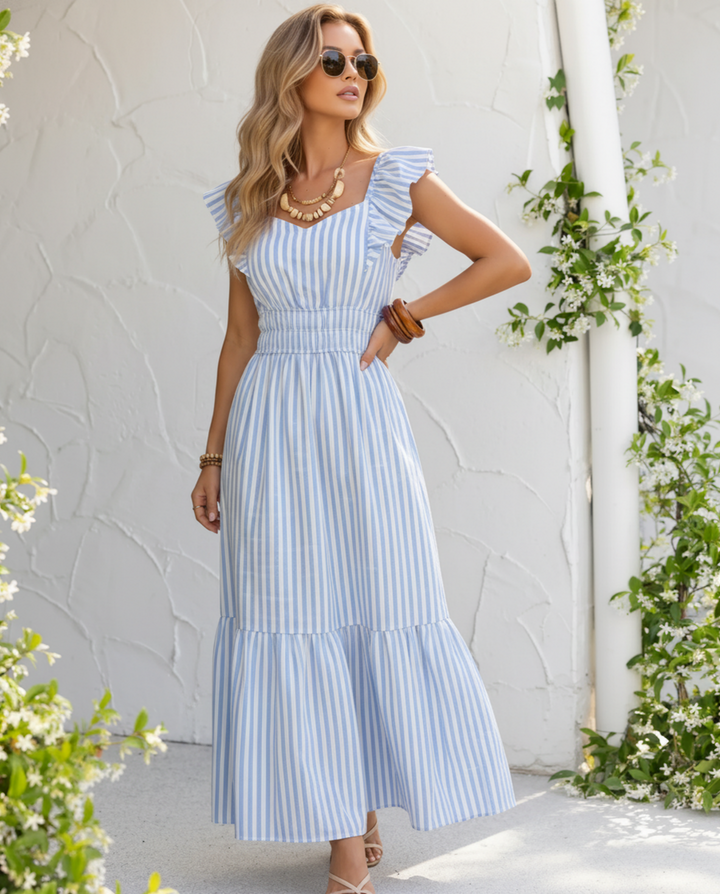 Blue White Striped Ruffle Sleeve Tiered Midi Dress
