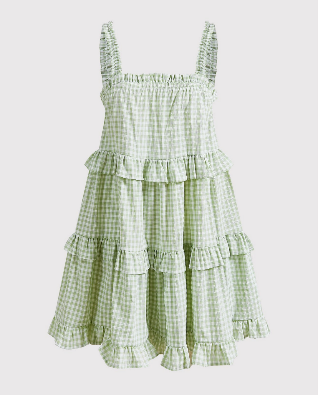 Green White Gingham Tiered Ruffled Spaghetti Strap Mini Dress