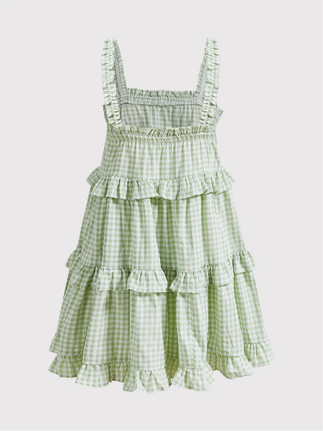 Green White Gingham Tiered Ruffled Spaghetti Strap Mini Dress