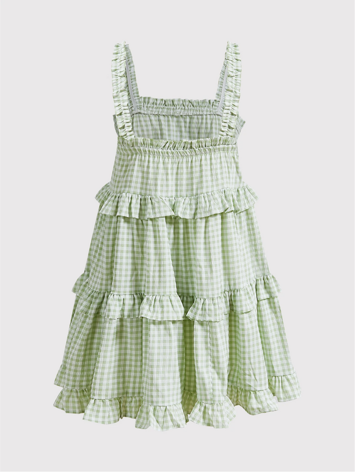 Green White Gingham Tiered Ruffled Spaghetti Strap Mini Dress