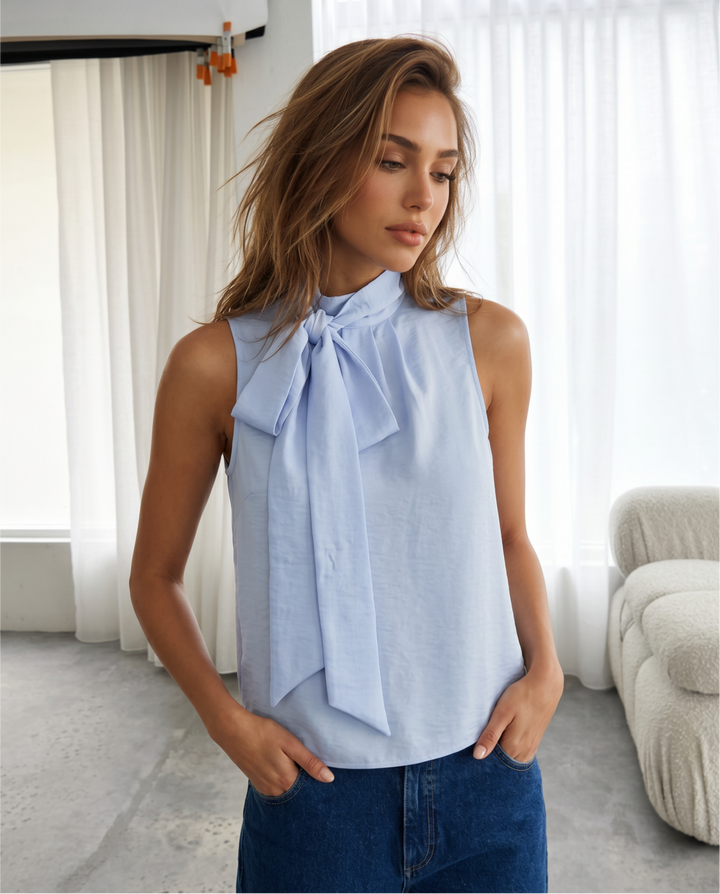 Blue High Neck Bow Tie Sleeveless Blouse