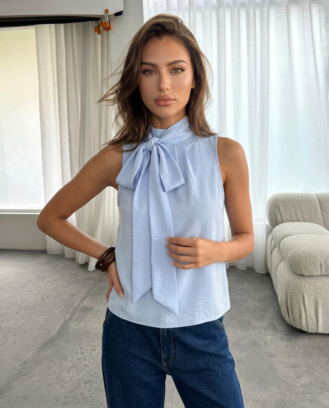 Blue High Neck Bow Tie Sleeveless Blouse