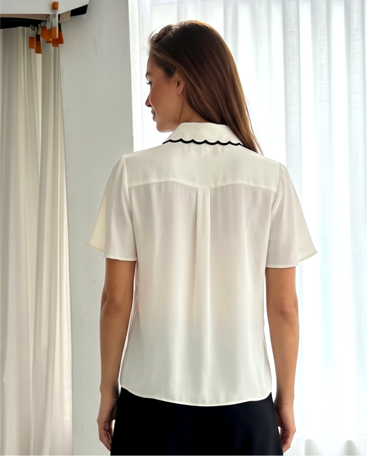 White Scalloped Black Contrast Trim Short Sleeve Blouse