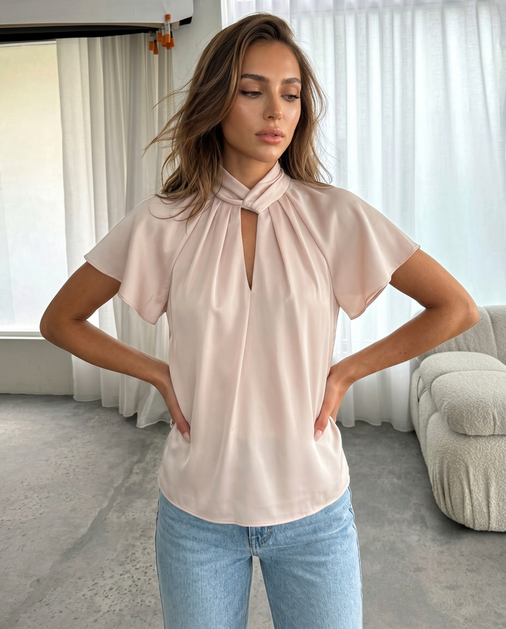 Pink Silky High Neck Keyhole Flutter Sleeve Blouse