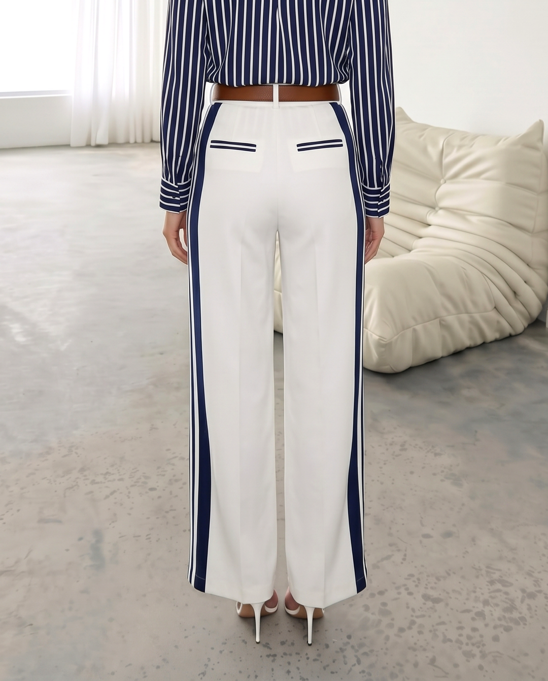 White Navy Blue Vertical Stripe Wide Leg Trousers