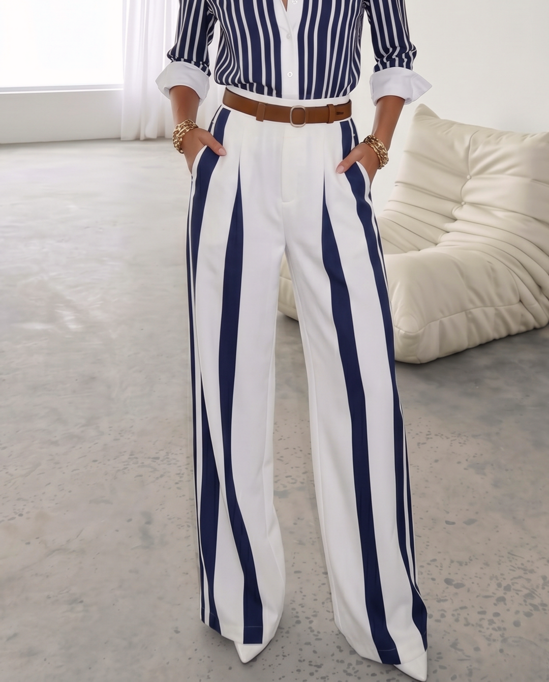 White Navy Blue Vertical Stripe Wide Leg Trousers