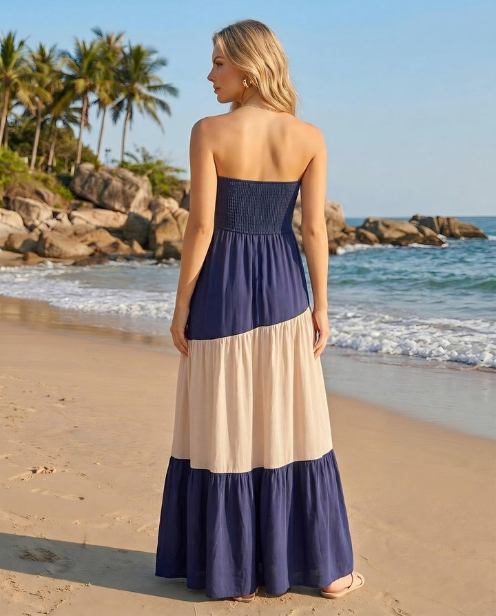 Navy Block Smocked Strapless Tiered Maxi Dress