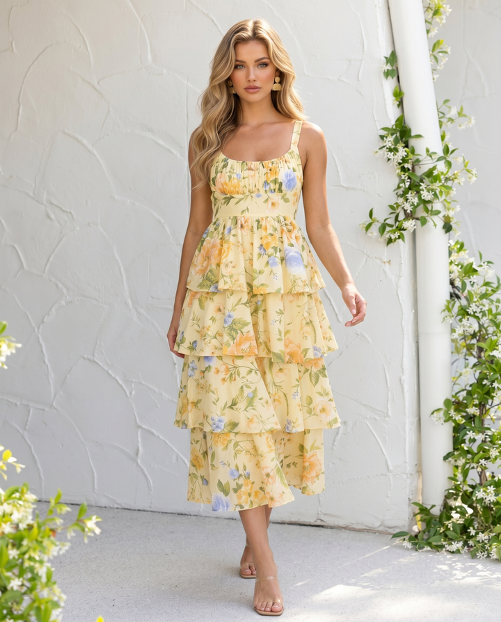 Yellow Floral Print Tiered Spaghetti Strap Midi Dress