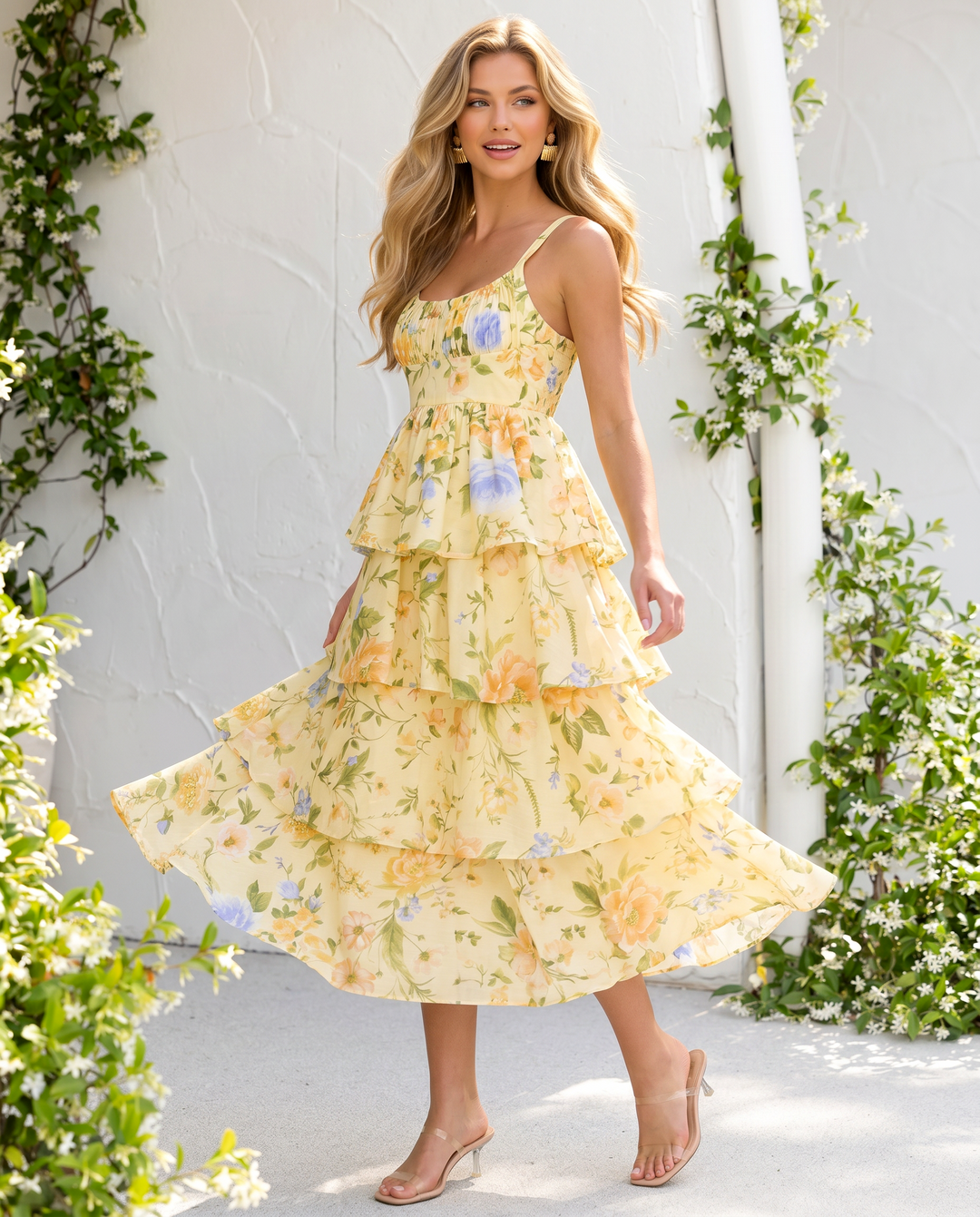 Yellow Floral Print Tiered Spaghetti Strap Midi Dress