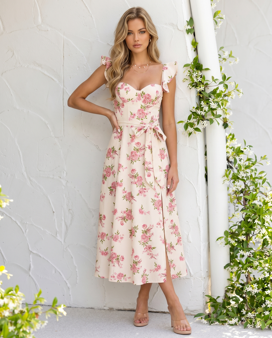 Pink Floral Print Ruffled Sleeve Waist Tie Midi Dress