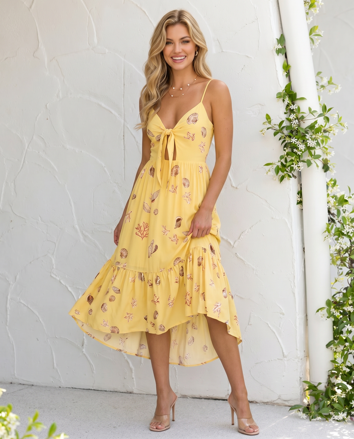 Yellow Seashell Print Front Tie High Low Midi Dress