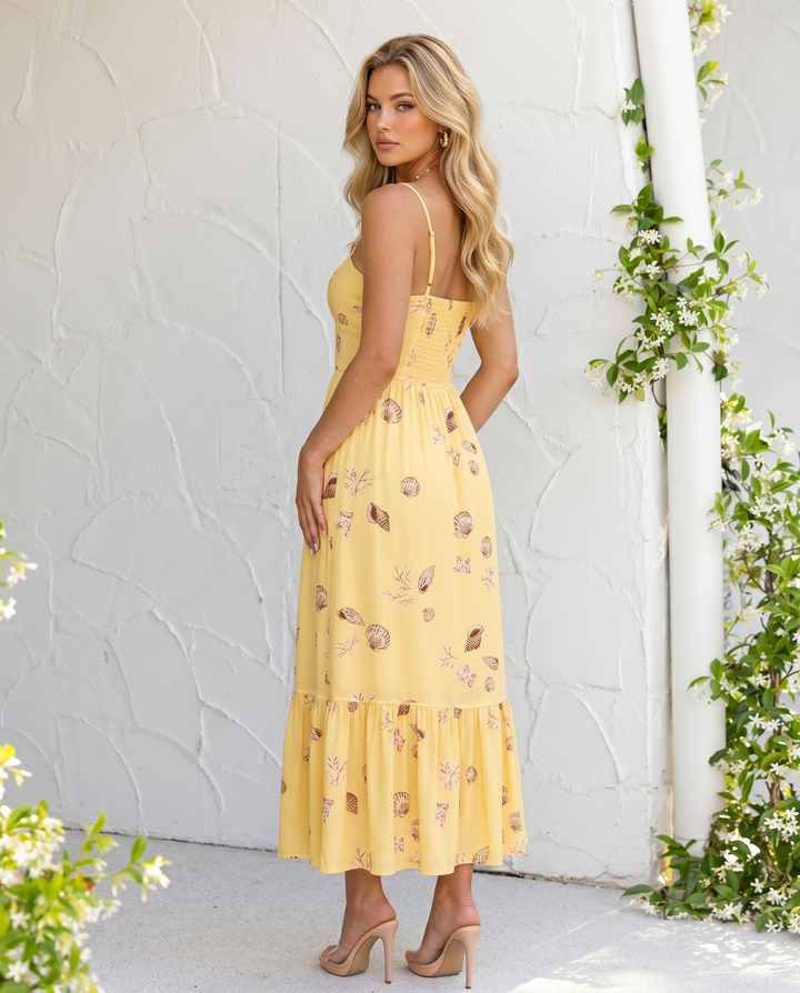 Yellow Seashell Print Front Tie High Low Midi Dress