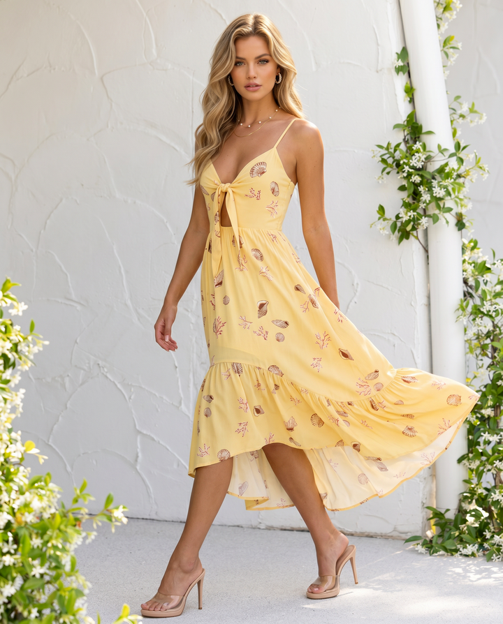 Yellow Seashell Print Front Tie High Low Midi Dress