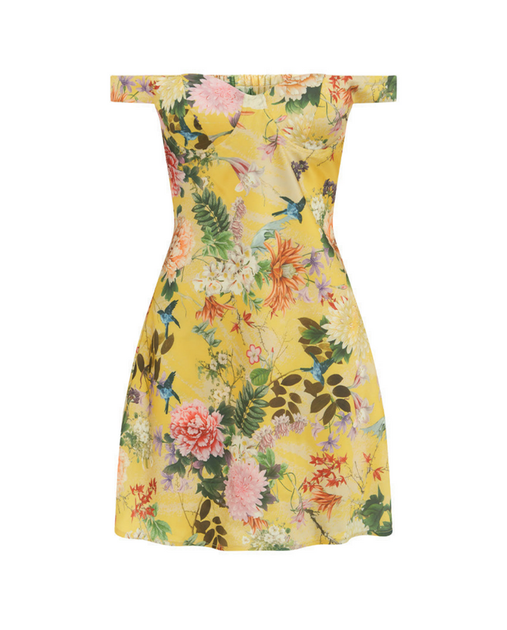 Yellow Floral Print Sweetheart Neck Mini Dress