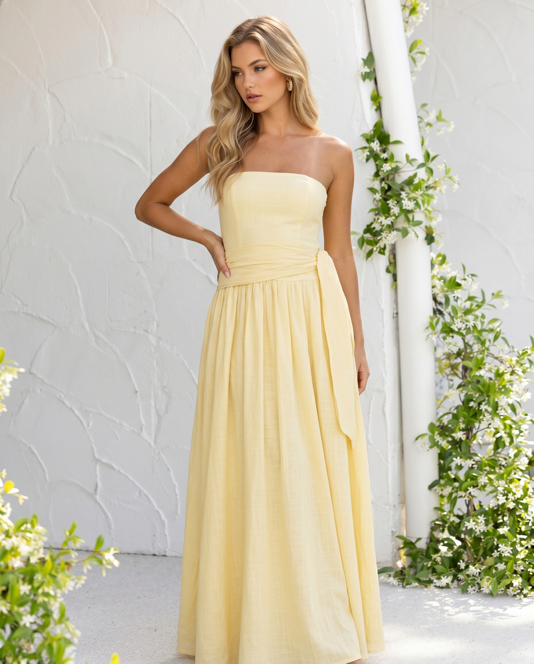 Yellow Waist Sash Strapless Maxi Dress