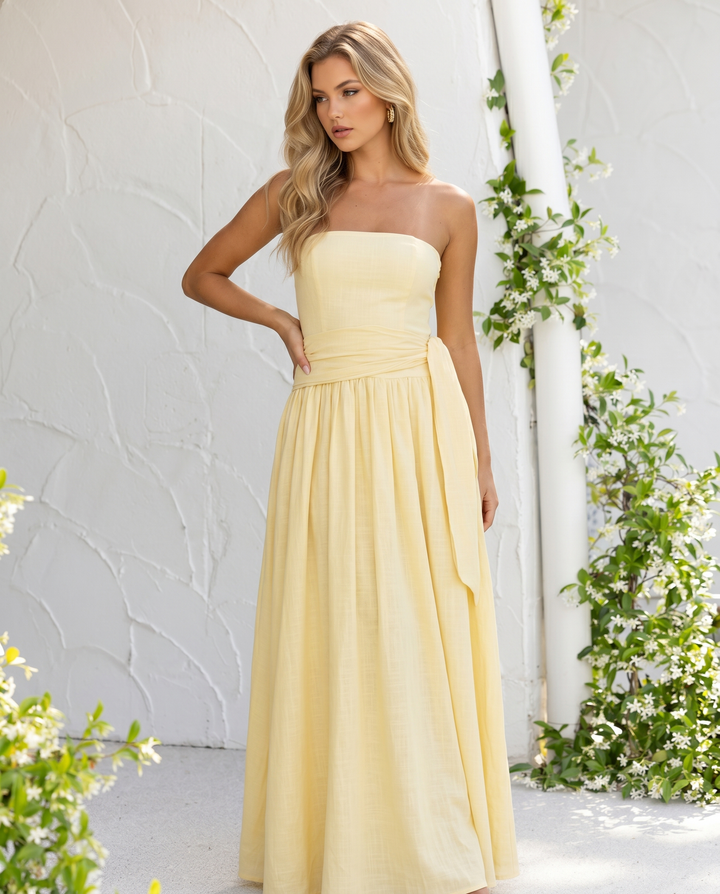 Yellow Waist Sash Strapless Maxi Dress