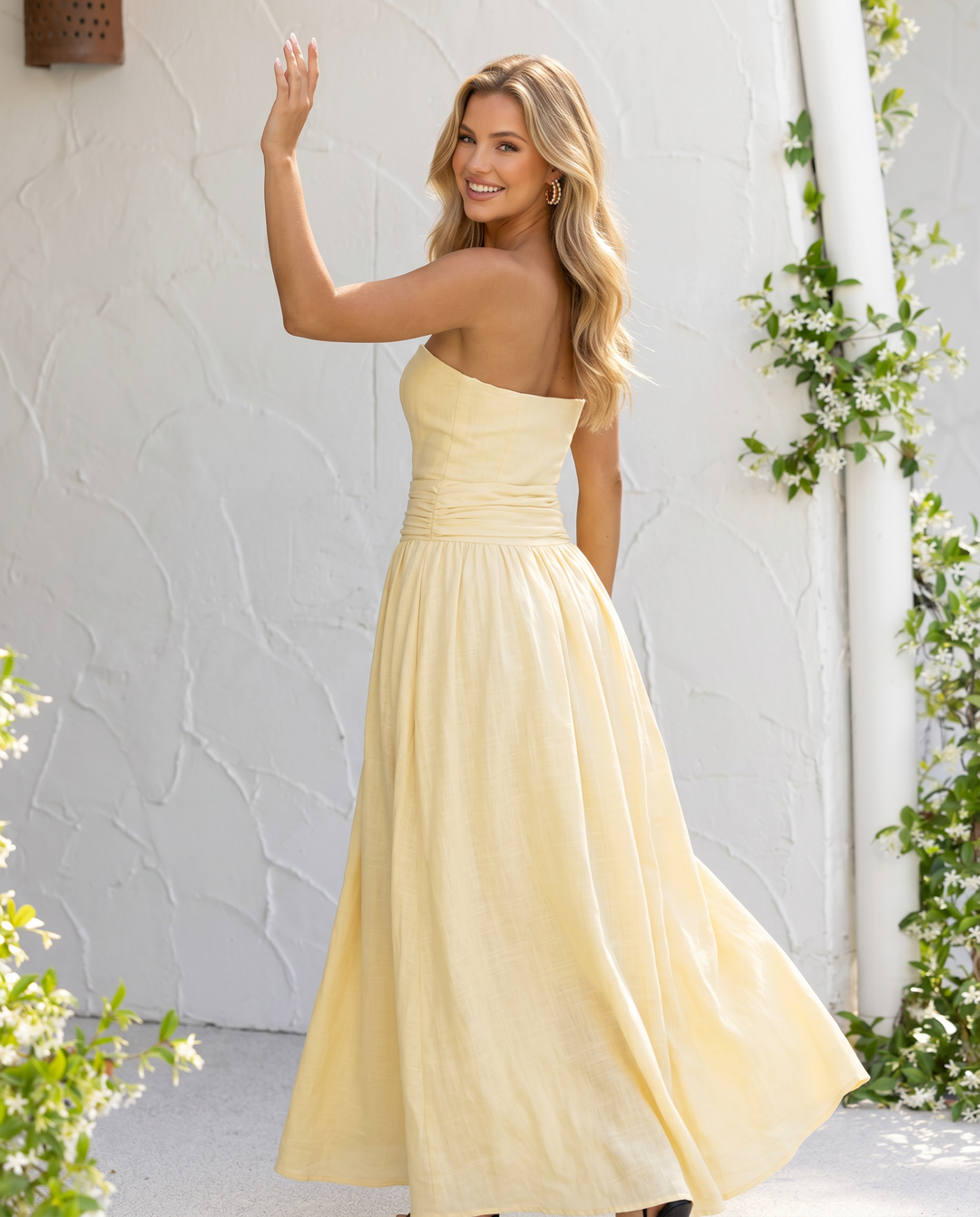 Yellow Waist Sash Strapless Maxi Dress