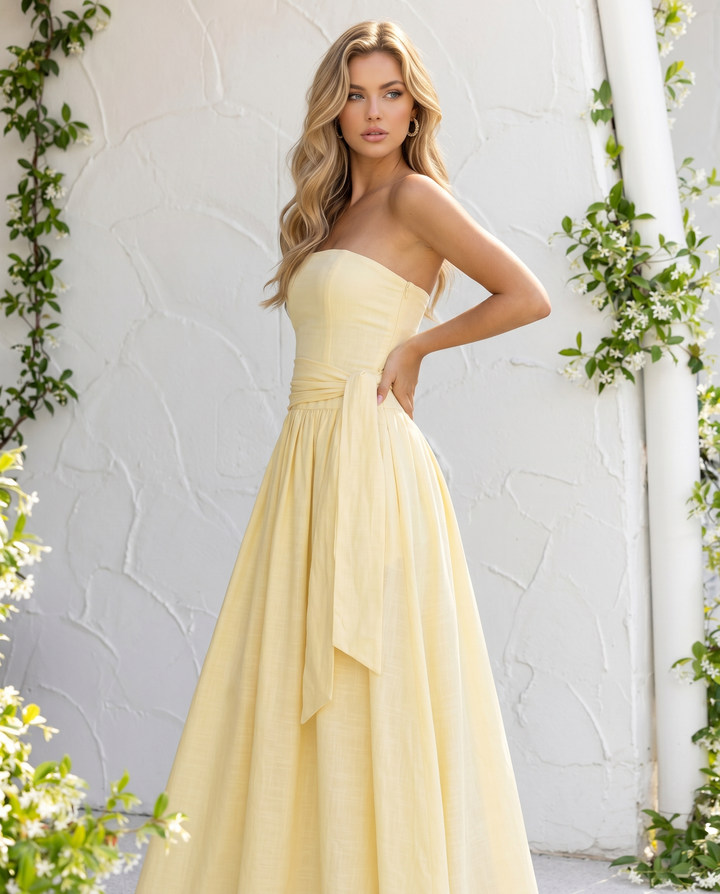 Yellow Waist Sash Strapless Maxi Dress