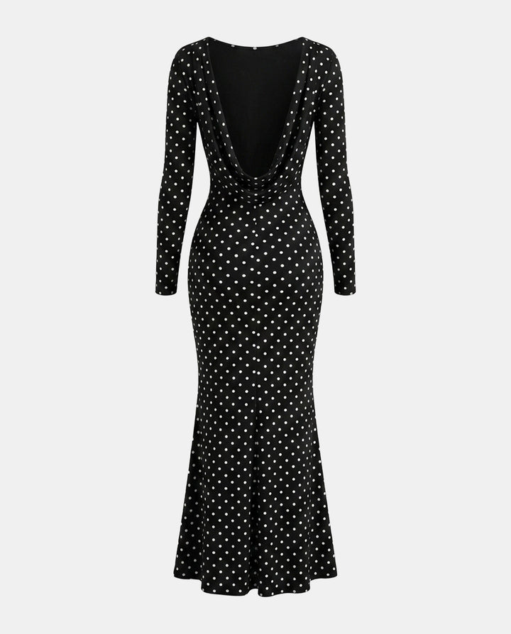 Polka Dot Deep Back Long Sleeve Mermaid Maxi Dress