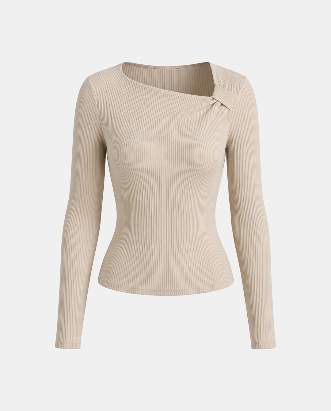 Asymmetric Twisted Neck Ribbed Knit Long Sleeve Top