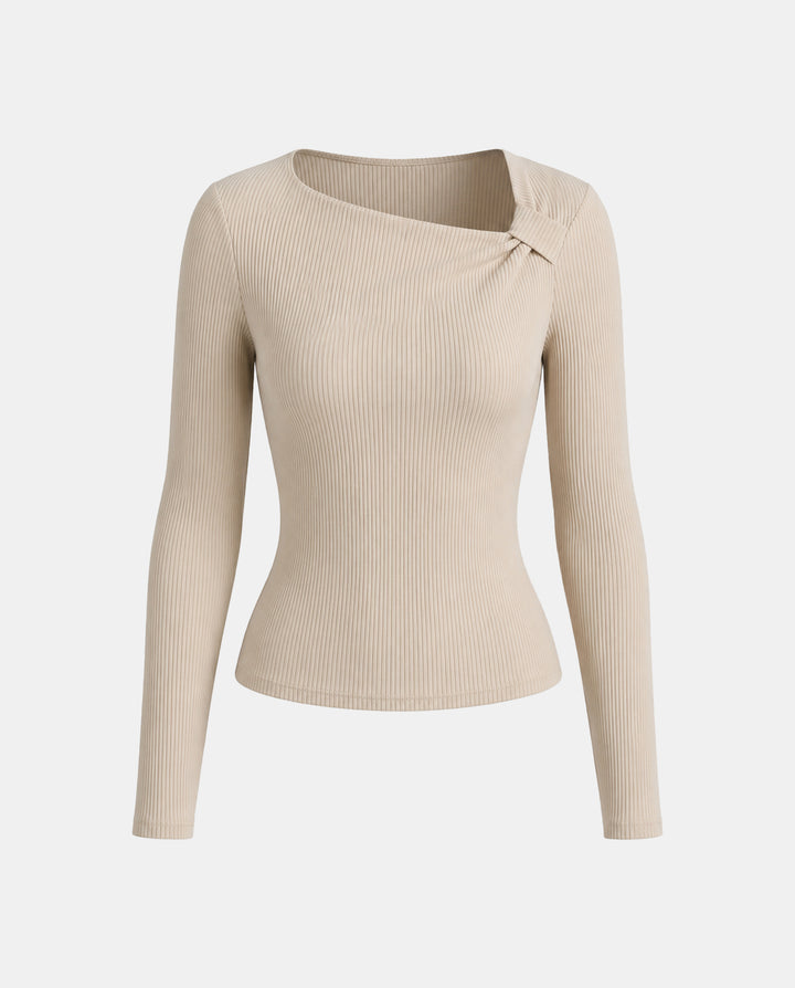 Asymmetric Twisted Neck Ribbed Knit Long Sleeve Top