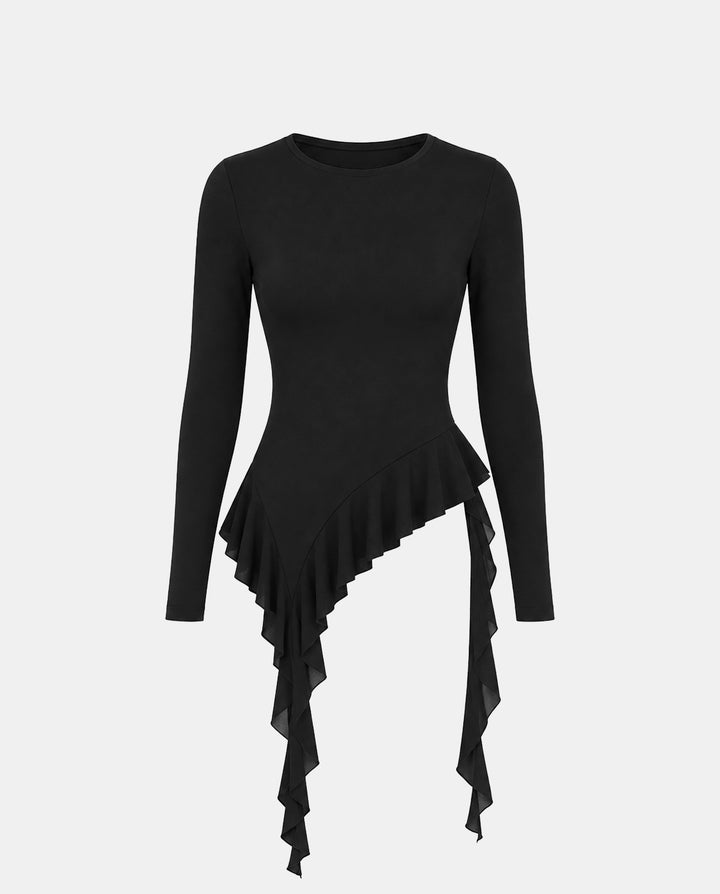 Round Neck Asymmetrical Ruffle Top