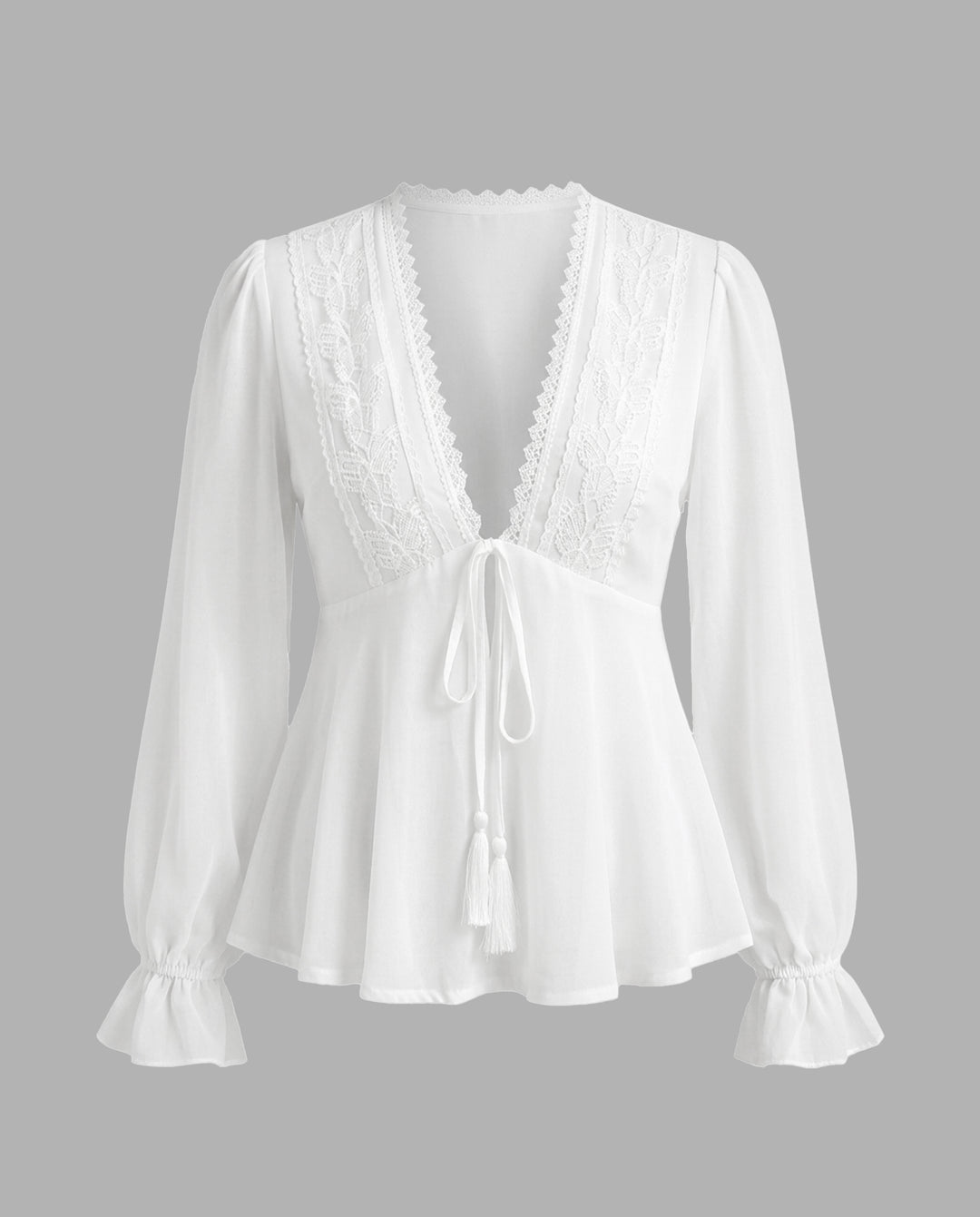 Lace V‑Neck Puff Sleeve Peplum Blouse