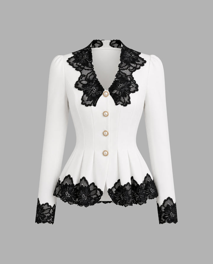 Contrast Lace Puff Shoulder Slim Peplum Jacket Top