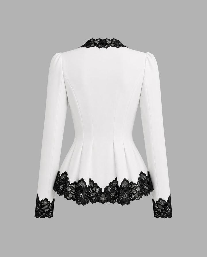 Contrast Lace Puff Shoulder Slim Peplum Jacket Top