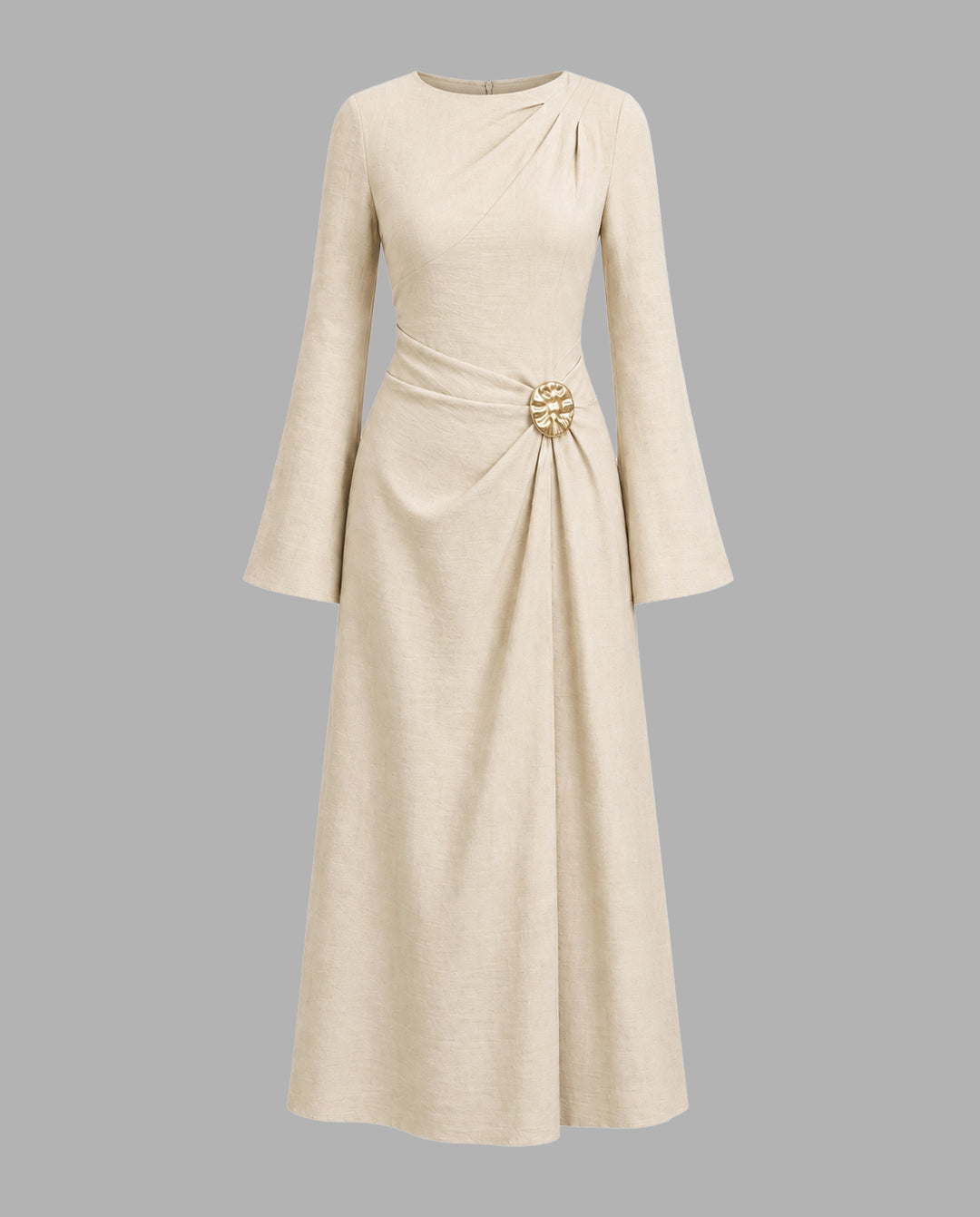Beige Textured Twist Waist Metal Buckle Flare Sleeve Maxi Dress