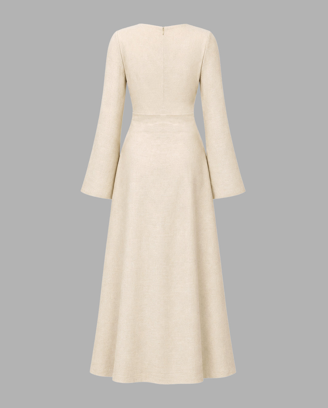 Beige Textured Twist Waist Metal Buckle Flare Sleeve Maxi Dress
