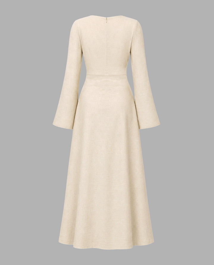 Beige Textured Twist Waist Metal Buckle Flare Sleeve Maxi Dress