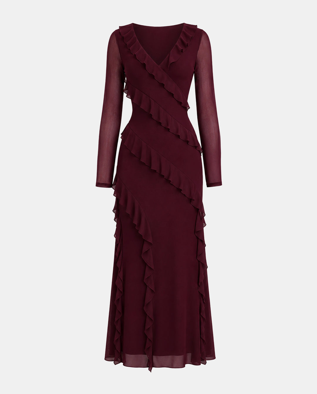 Burgundy Diagonal Ruffle Mesh Maxi Dress