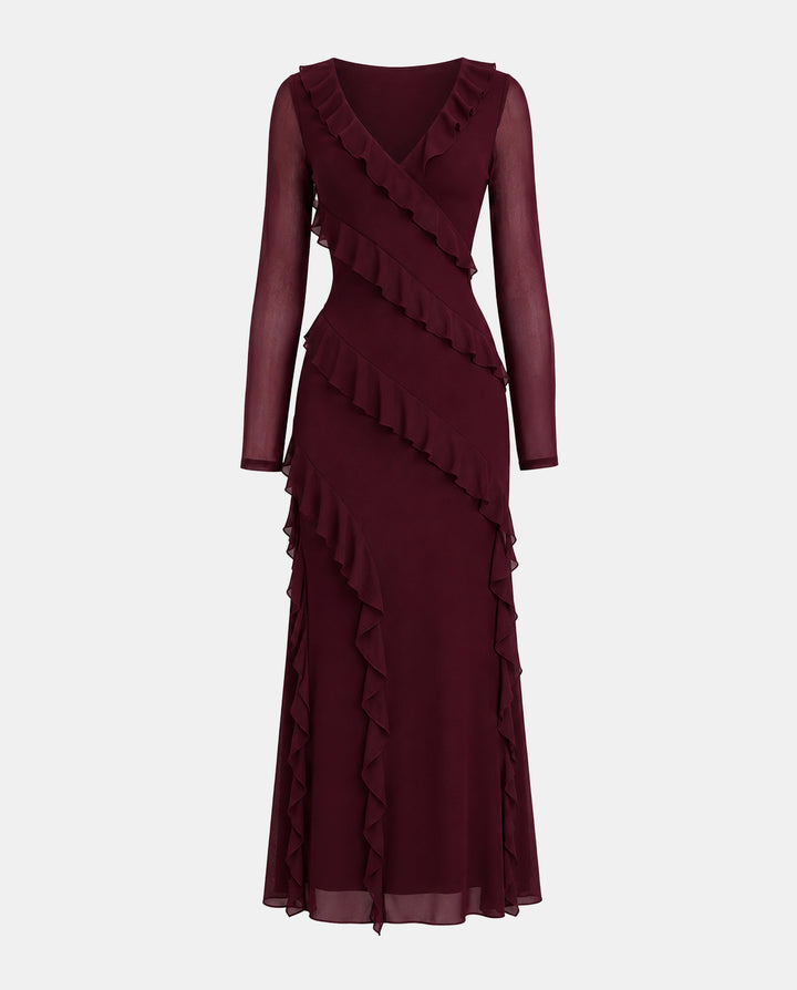 Burgundy Diagonal Ruffle Mesh Maxi Dress