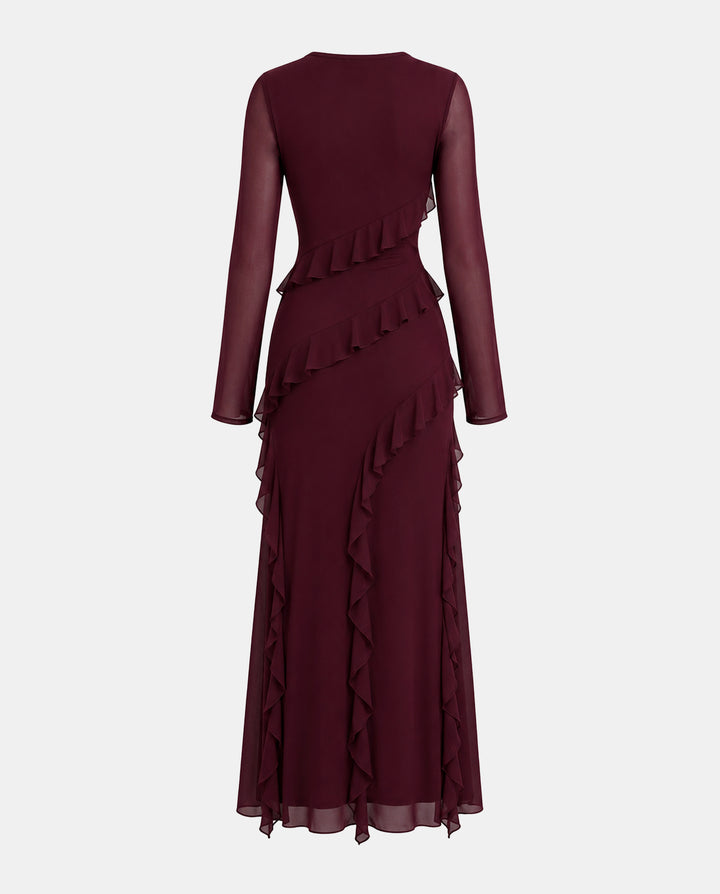 Burgundy Diagonal Ruffle Mesh Maxi Dress