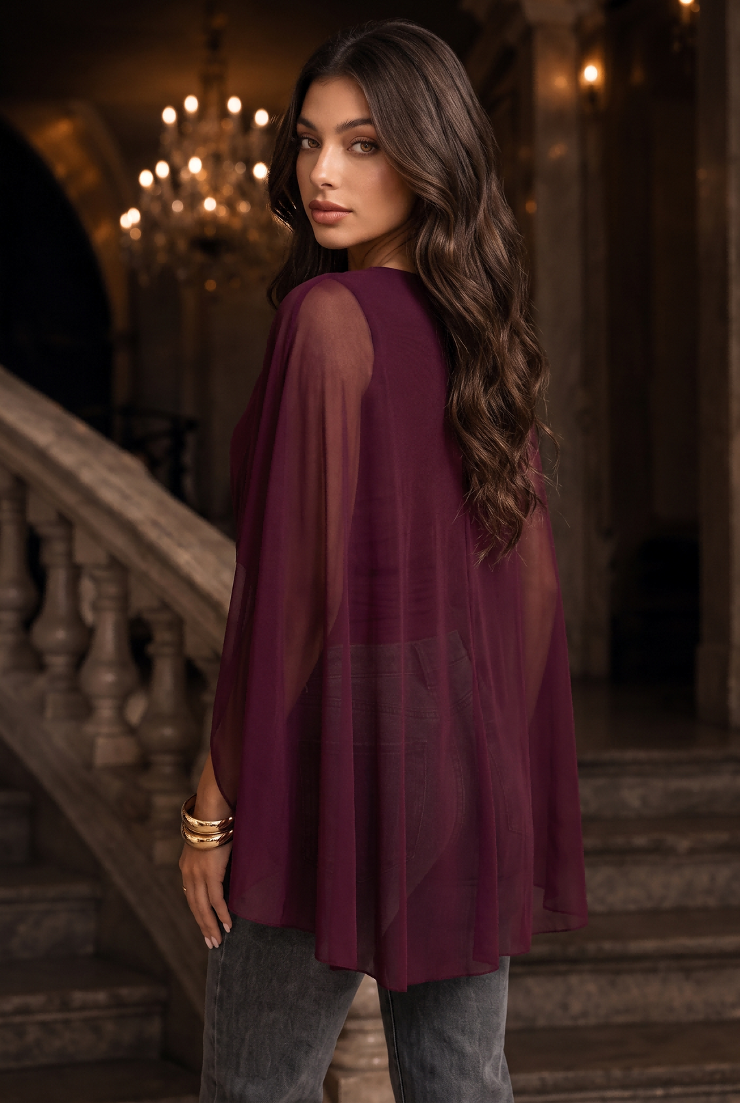SOLACEMesh Batwing Sleeve Burgundy Draped Blouse