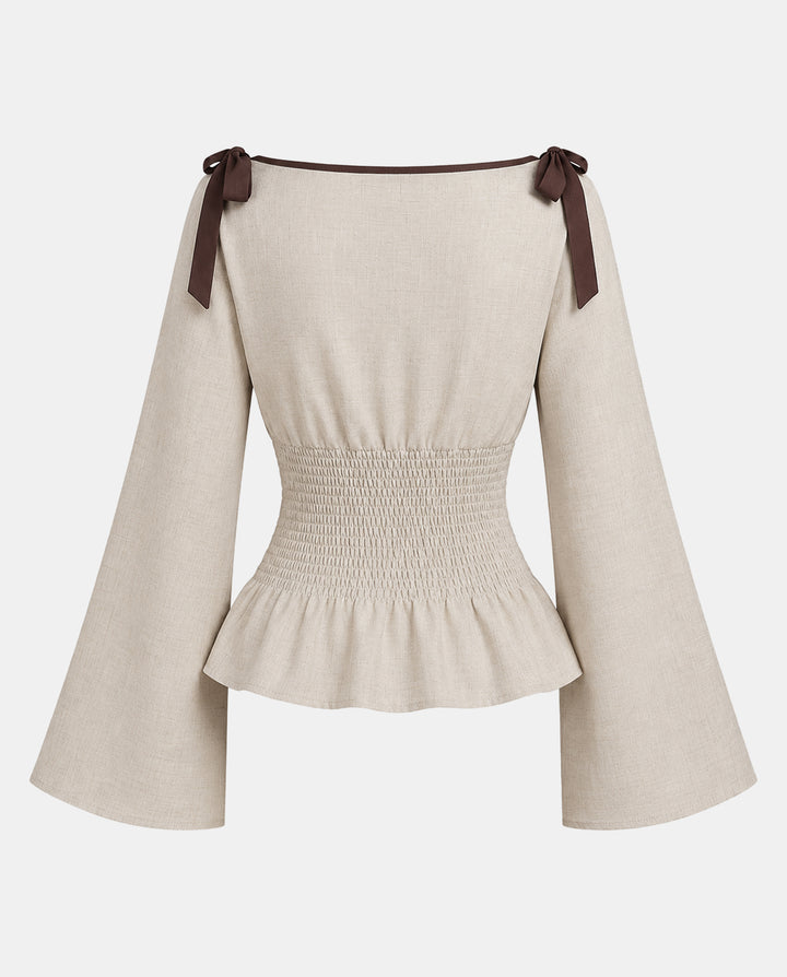 Contrast Bow Detail Long Flare Sleeve Blouse
