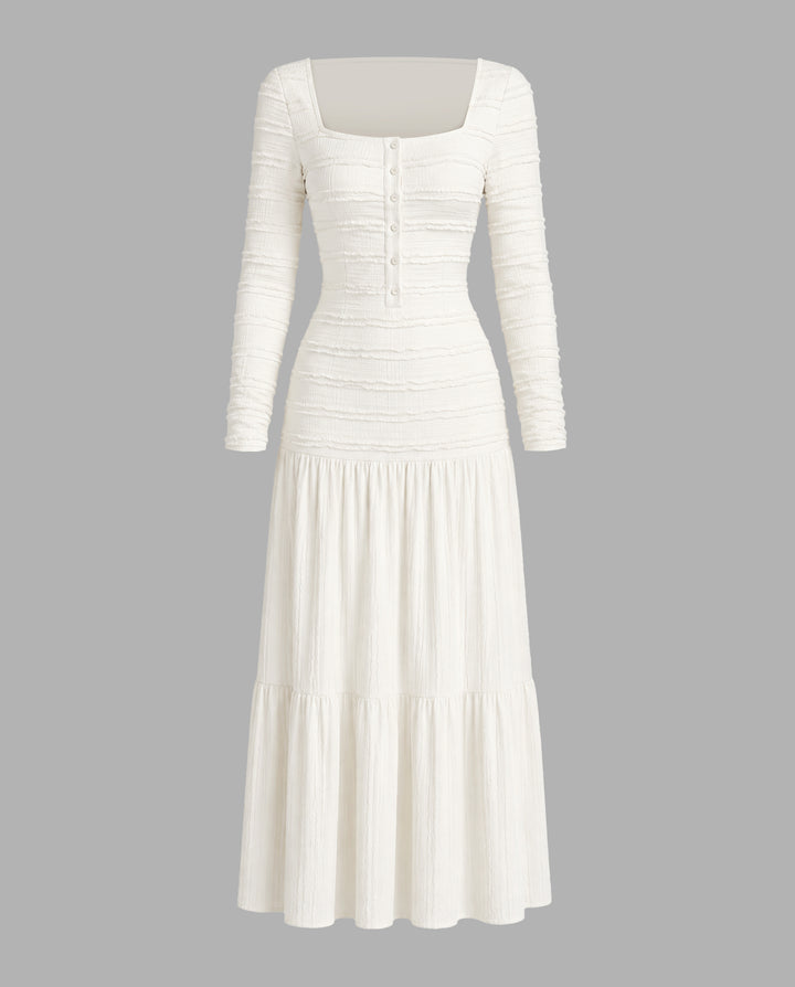 Textured Square Neck Long Sleeve Tiered Maxi Dress